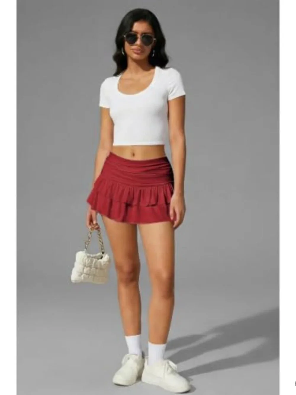 Y2K Ruffle Tiered Low Rise Mini Skirt with Built-In Shorts, High Stretch